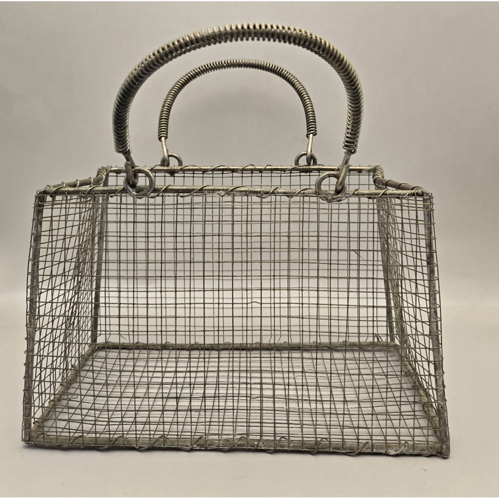 Vintage Metal Basket Purse Gold Toned Wire Mesh With Coil Spring Handles.  B#32